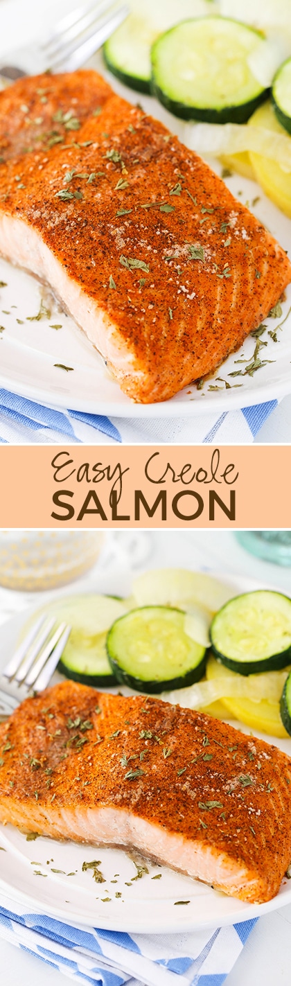 original photo of Easy Creole Salmon on white plate with bite taken out