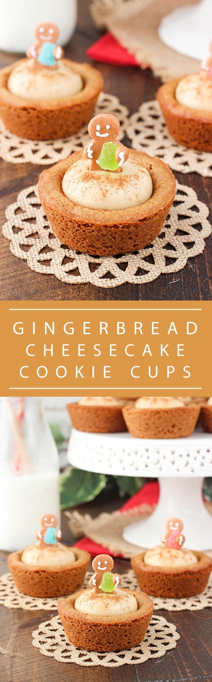 Gingerbread Cheesecake Cookie Cups - a soft and chewy gingerbread cookie cup filled with no bake gingerbread cheesecake! So cute and the perfect dessert for your Christmas party!