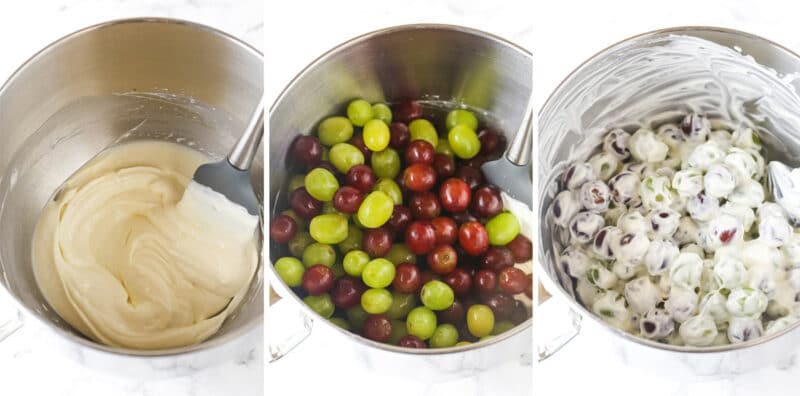 three images showing steps of making grape salad