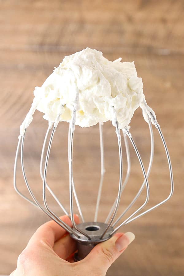 3 ingredient Homemade stabilized whipped cream on whisk