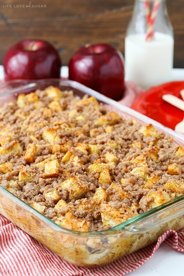 A glass baking pan filled with Cinnamon Apple French Toast Casserole